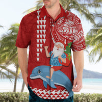 Custom Hawaii Mele Kalikimaka Hawaiian Shirt Santa Riding The DolPhin Mix Kakau Pattern Red Style LT03 - Polynesian Pride