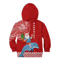 Custom Hawaii Mele Kalikimaka Kid Hoodie Santa Riding The DolPhin Mix Kakau Pattern Red Style LT03 - Polynesian Pride