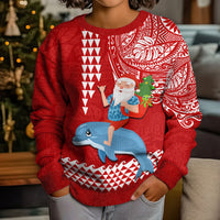 Custom Hawaii Mele Kalikimaka Kid Ugly Christmas Sweater Santa Riding The DolPhin Mix Kakau Pattern Red Style LT03 - Polynesian Pride