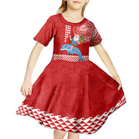 Custom Hawaii Mele Kalikimaka Kid Short Sleeve Dress Santa Riding The DolPhin Mix Kakau Pattern Red Style LT03 - Polynesian Pride