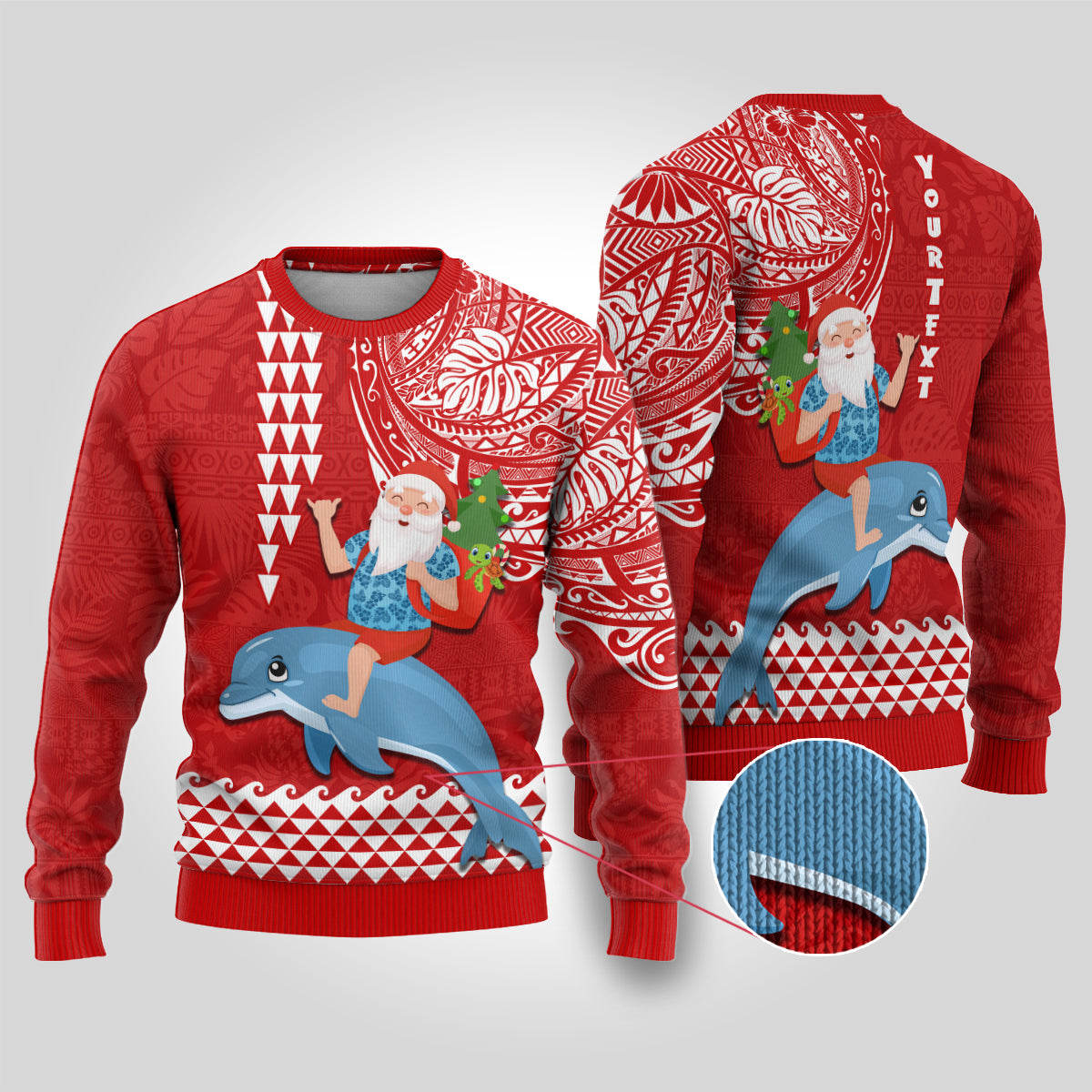 Custom Hawaii Mele Kalikimaka Ugly Christmas Sweater Santa Riding The DolPhin Mix Kakau Pattern Red Style LT03 Red - Polynesian Pride