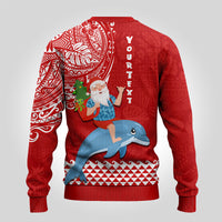 Custom Hawaii Mele Kalikimaka Ugly Christmas Sweater Santa Riding The DolPhin Mix Kakau Pattern Red Style LT03 - Polynesian Pride
