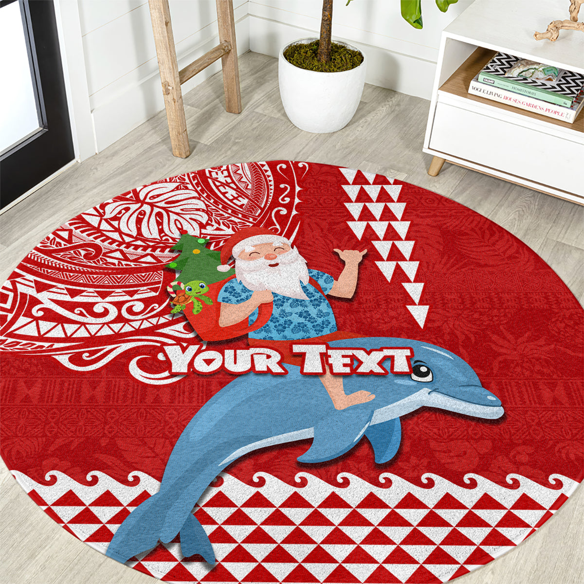 Custom Hawaii Mele Kalikimaka Round Carpet Santa Riding The DolPhin Mix Kakau Pattern Red Style LT03 Red - Polynesian Pride