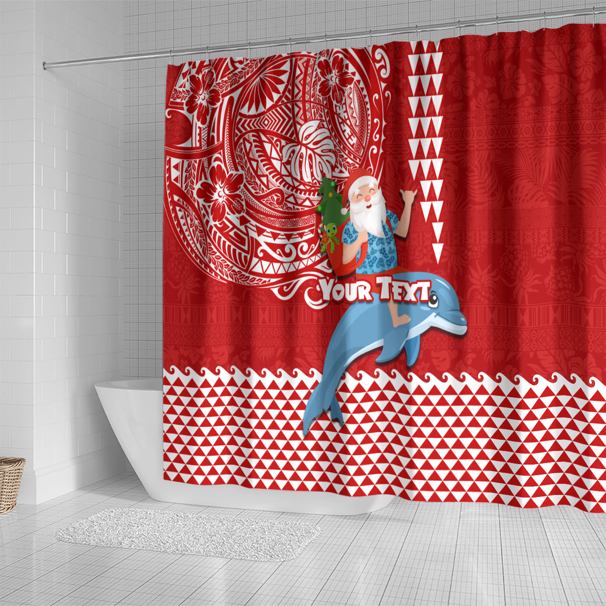 Custom Hawaii Mele Kalikimaka Shower Curtain Santa Riding The DolPhin Mix Kakau Pattern Red Style LT03 - Polynesian Pride