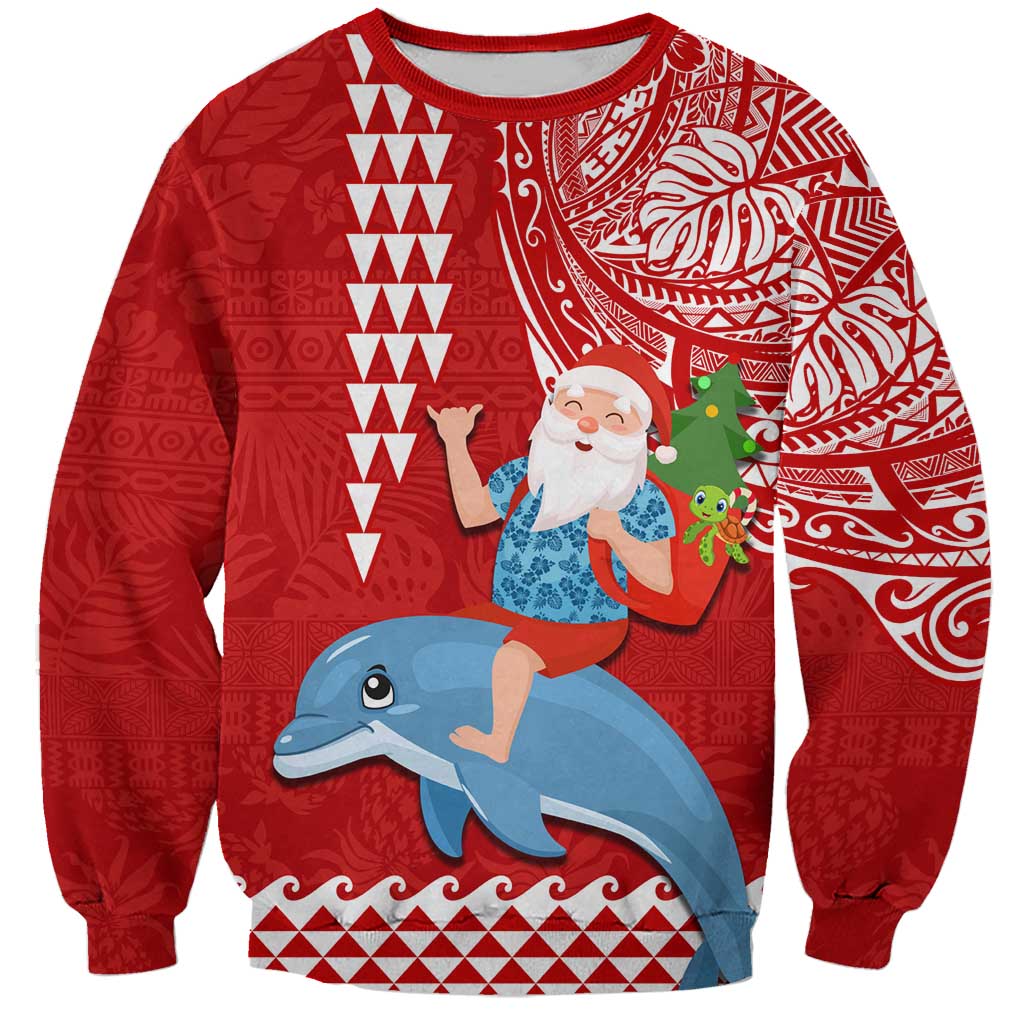 Custom Hawaii Mele Kalikimaka Sweatshirt Santa Riding The DolPhin Mix Kakau Pattern Red Style LT03