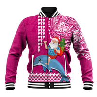Hawaii Mele Kalikimaka Baseball Jacket Santa Riding The DolPhin Mix Kakau Pattern Pink Style LT03 Unisex Pink - Polynesian Pride