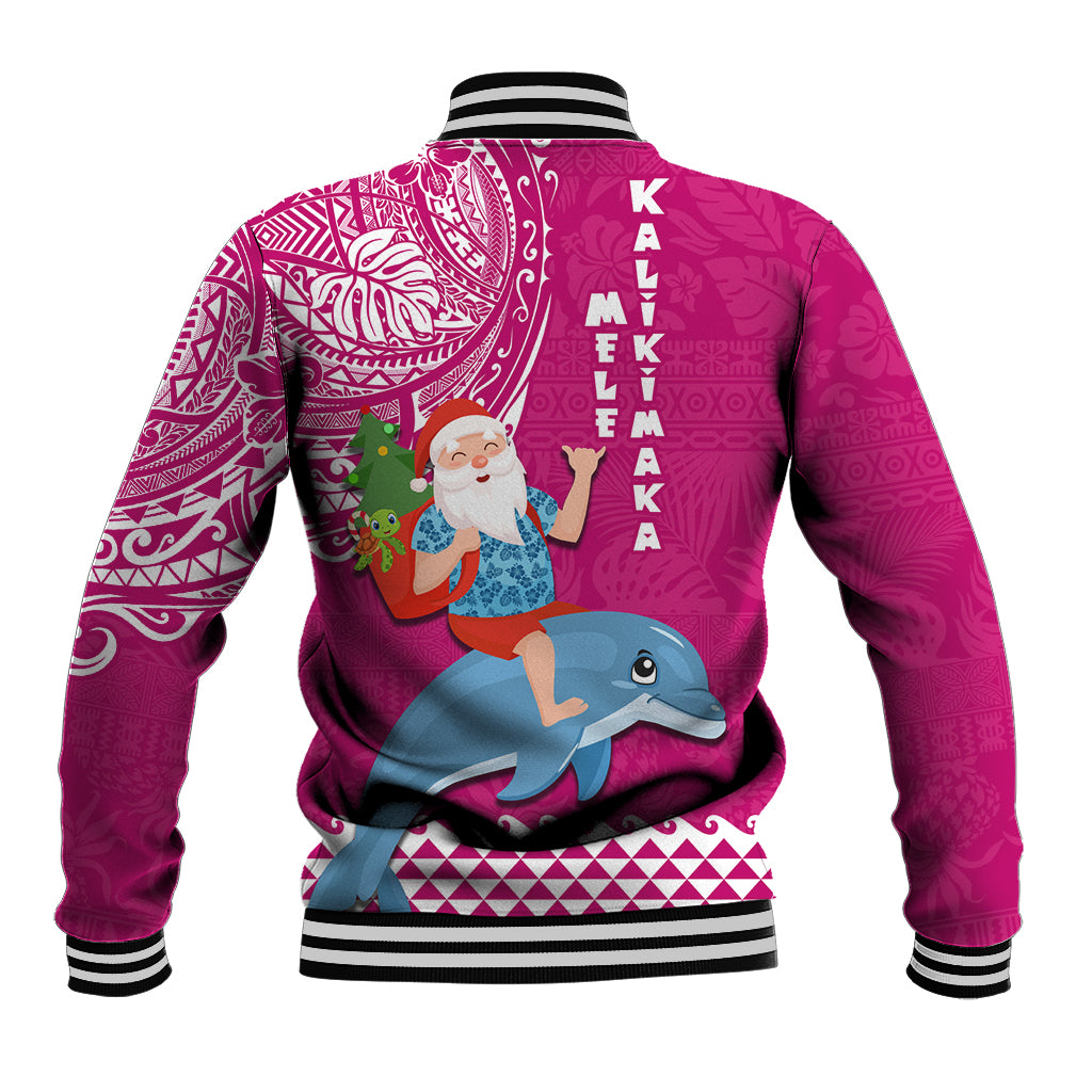 Hawaii Mele Kalikimaka Baseball Jacket Santa Riding The DolPhin Mix Kakau Pattern Pink Style LT03 - Polynesian Pride