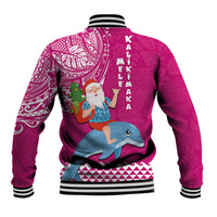 Hawaii Mele Kalikimaka Baseball Jacket Santa Riding The DolPhin Mix Kakau Pattern Pink Style LT03 - Polynesian Pride
