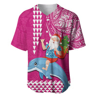 Hawaii Mele Kalikimaka Baseball Jersey Santa Riding The DolPhin Mix Kakau Pattern Pink Style LT03 Pink - Polynesian Pride