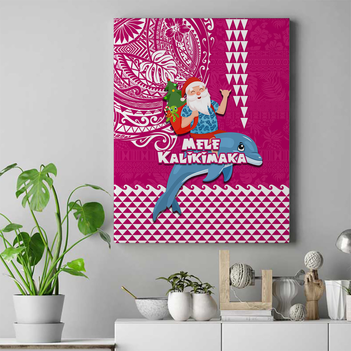 Hawaii Mele Kalikimaka Canvas Wall Art Santa Riding The DolPhin Mix Kakau Pattern Pink Style LT03 Pink - Polynesian Pride