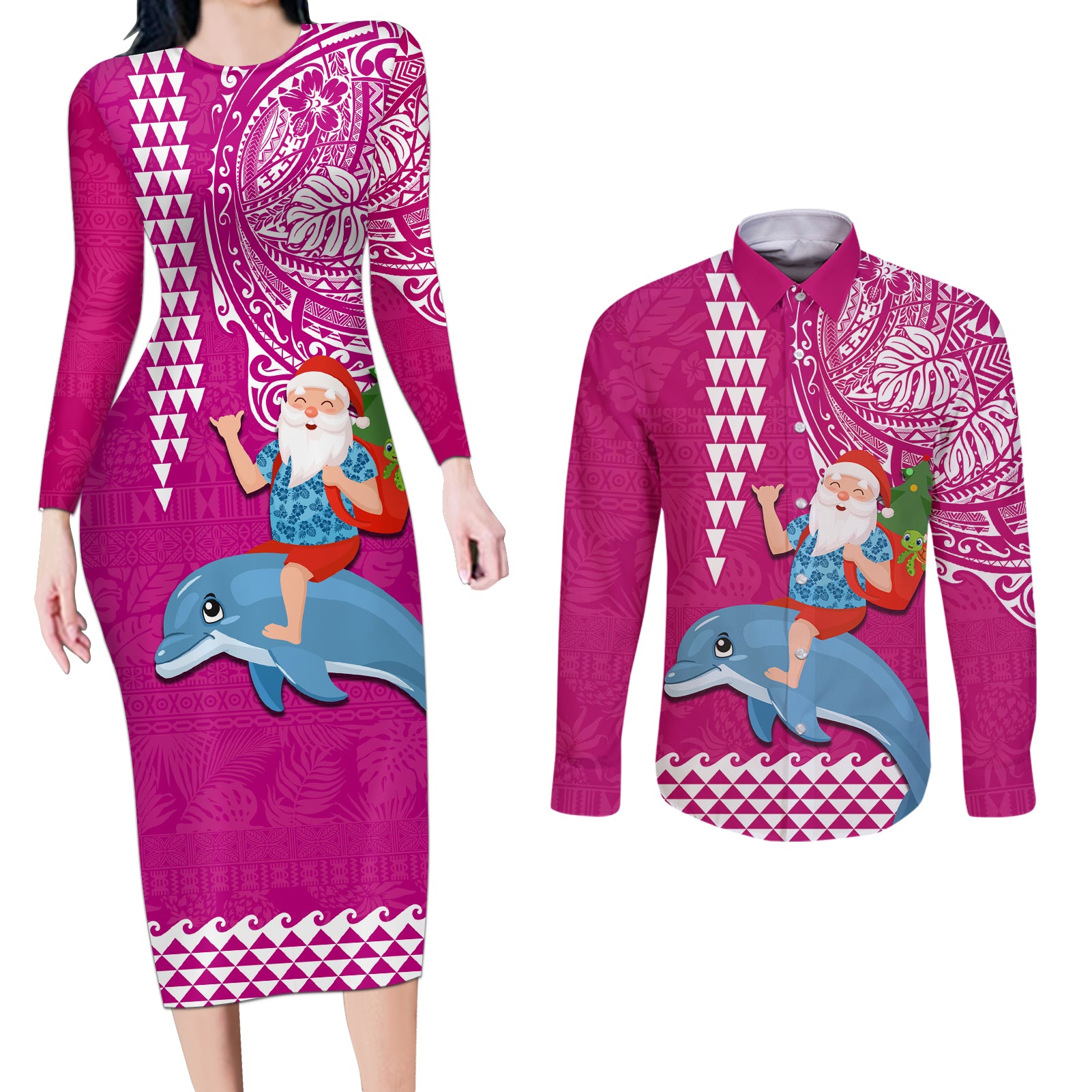 Hawaii Mele Kalikimaka Couples Matching Long Sleeve Bodycon Dress and Long Sleeve Button Shirt Santa Riding The DolPhin Mix Kakau Pattern Pink Style LT03 Pink - Polynesian Pride