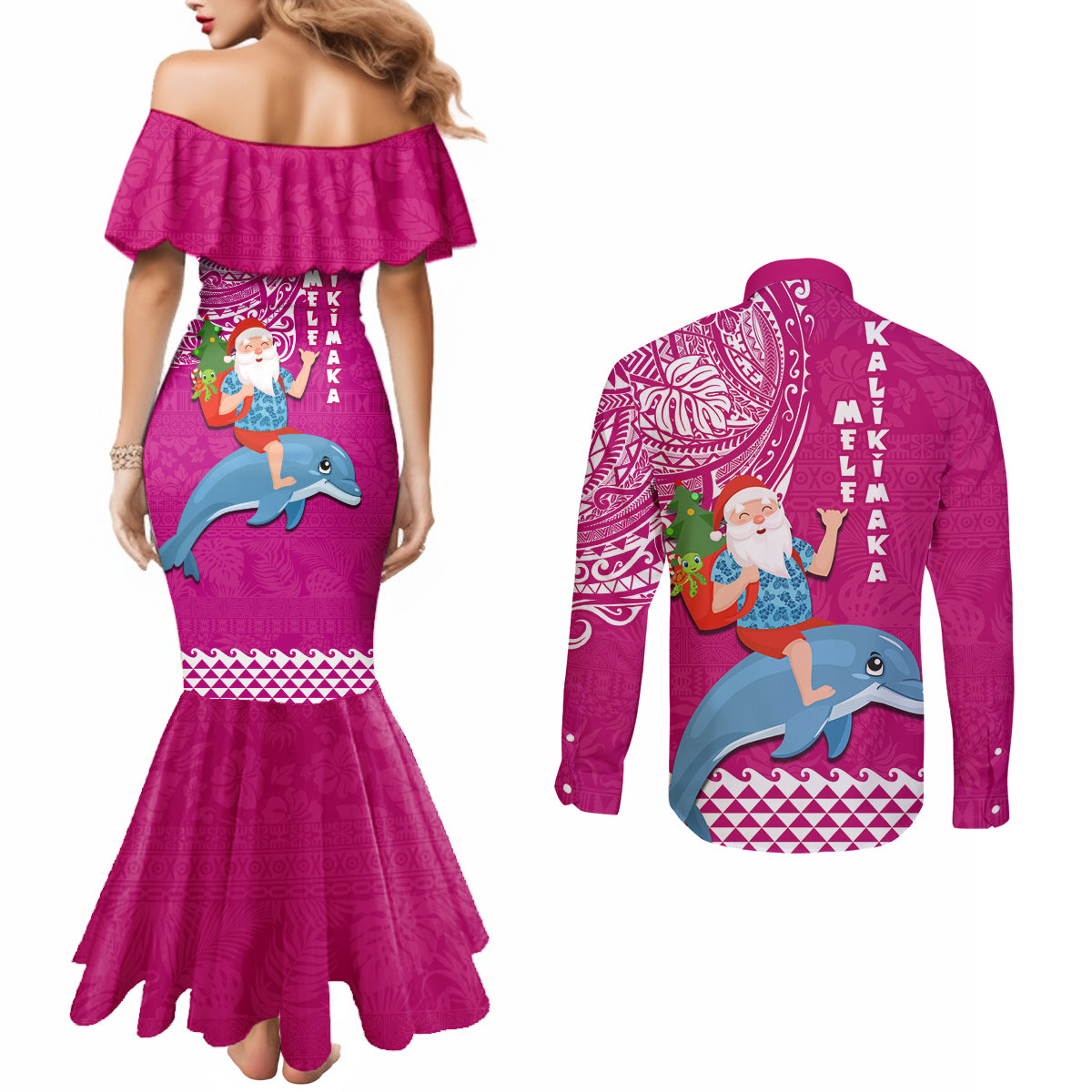 Hawaii Mele Kalikimaka Couples Matching Mermaid Dress and Long Sleeve Button Shirt Santa Riding The DolPhin Mix Kakau Pattern Pink Style LT03 - Polynesian Pride