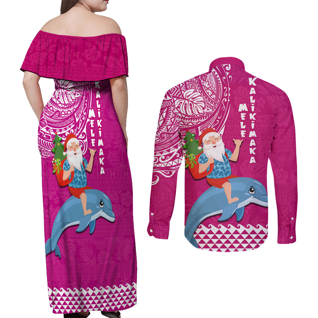 Hawaii Mele Kalikimaka Couples Matching Off Shoulder Maxi Dress and Long Sleeve Button Shirt Santa Riding The DolPhin Mix Kakau Pattern Pink Style LT03 - Polynesian Pride