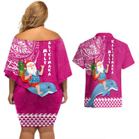 Hawaii Mele Kalikimaka Couples Matching Off Shoulder Short Dress and Hawaiian Shirt Santa Riding The DolPhin Mix Kakau Pattern Pink Style LT03 - Polynesian Pride