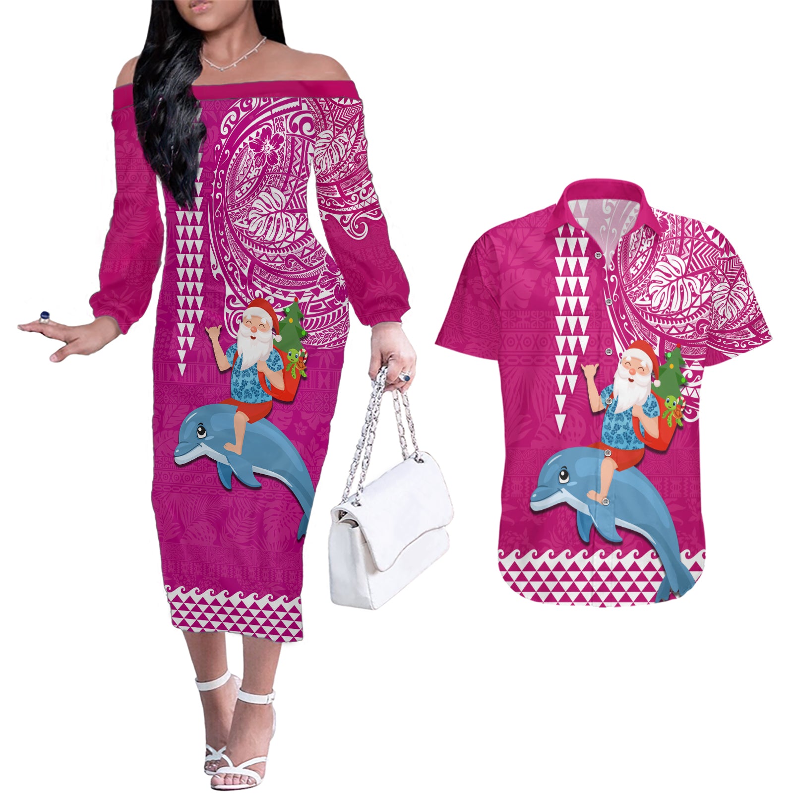 Hawaii Mele Kalikimaka Couples Matching Off The Shoulder Long Sleeve Dress and Hawaiian Shirt Santa Riding The DolPhin Mix Kakau Pattern Pink Style LT03 Pink - Polynesian Pride