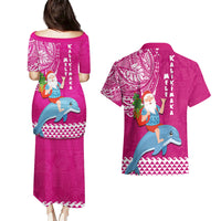 Hawaii Mele Kalikimaka Couples Matching Puletasi Dress and Hawaiian Shirt Santa Riding The DolPhin Mix Kakau Pattern Pink Style LT03 - Polynesian Pride