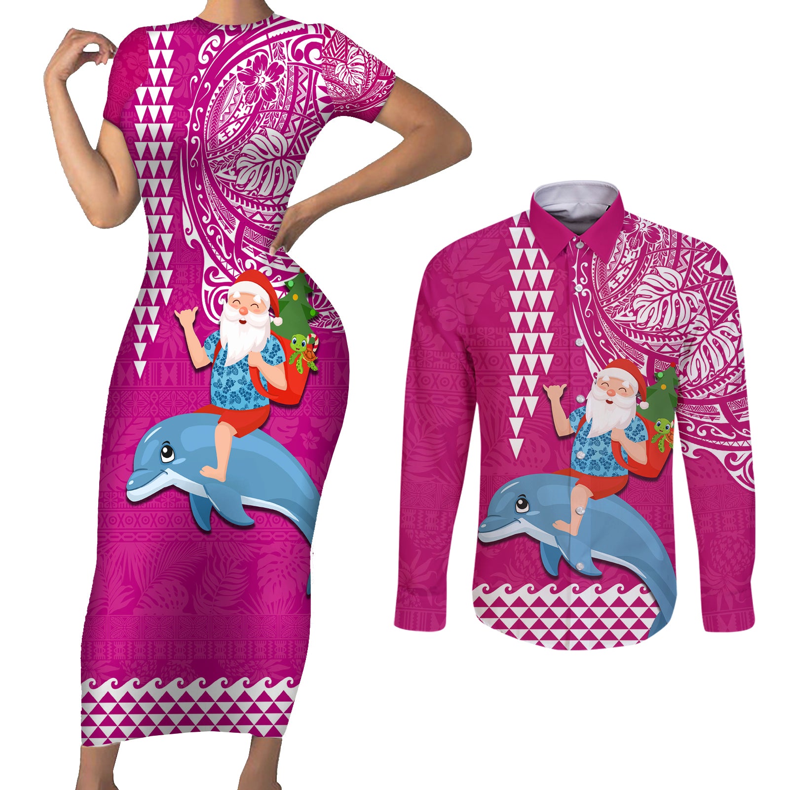 Hawaii Mele Kalikimaka Couples Matching Short Sleeve Bodycon Dress and Long Sleeve Button Shirt Santa Riding The DolPhin Mix Kakau Pattern Pink Style LT03 Pink - Polynesian Pride
