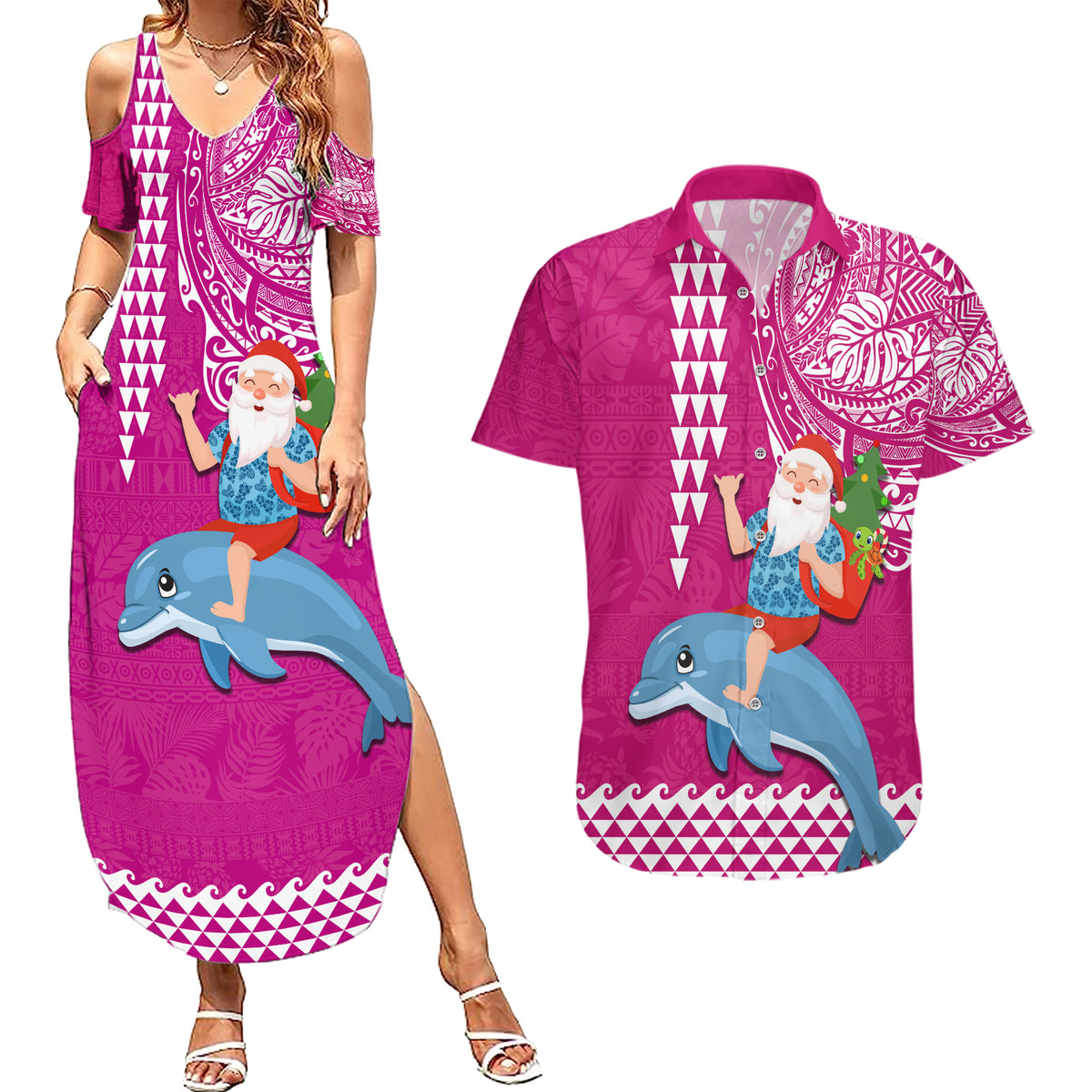 Hawaii Mele Kalikimaka Couples Matching Summer Maxi Dress and Hawaiian Shirt Santa Riding The DolPhin Mix Kakau Pattern Pink Style LT03 Pink - Polynesian Pride