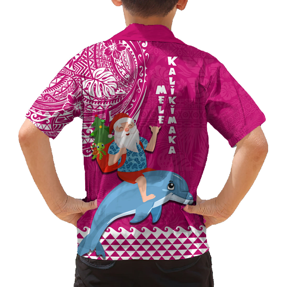 Hawaii Mele Kalikimaka Family Matching Off Shoulder Long Sleeve Dress and Hawaiian Shirt Santa Riding The DolPhin Mix Kakau Pattern Pink Style LT03 - Polynesian Pride