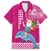 Hawaii Mele Kalikimaka Family Matching Off Shoulder Maxi Dress and Hawaiian Shirt Santa Riding The DolPhin Mix Kakau Pattern Pink Style LT03 Dad's Shirt - Short Sleeve Pink - Polynesian Pride