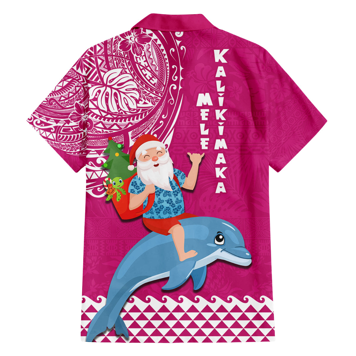 Hawaii Mele Kalikimaka Family Matching Off Shoulder Maxi Dress and Hawaiian Shirt Santa Riding The DolPhin Mix Kakau Pattern Pink Style LT03 - Polynesian Pride