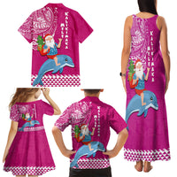 Hawaii Mele Kalikimaka Family Matching Tank Maxi Dress and Hawaiian Shirt Santa Riding The DolPhin Mix Kakau Pattern Pink Style LT03 - Polynesian Pride