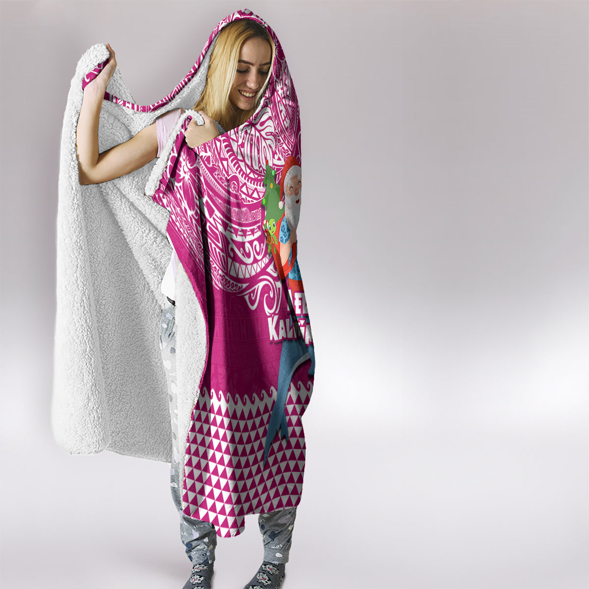 Hawaii Mele Kalikimaka Hooded Blanket Santa Riding The DolPhin Mix Kakau Pattern Pink Style LT03 - Polynesian Pride