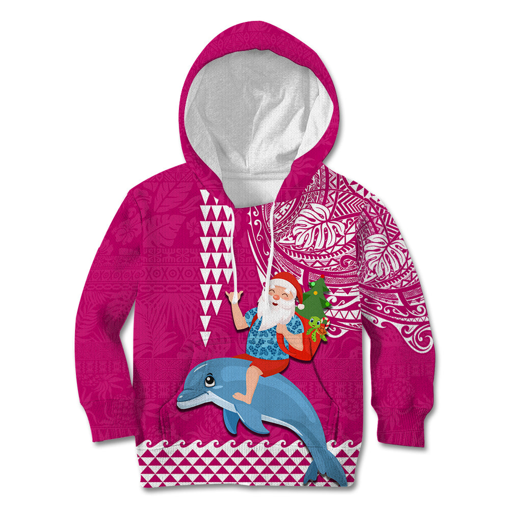 Hawaii Mele Kalikimaka Kid Hoodie Santa Riding The DolPhin Mix Kakau Pattern Pink Style LT03 Pink - Polynesian Pride