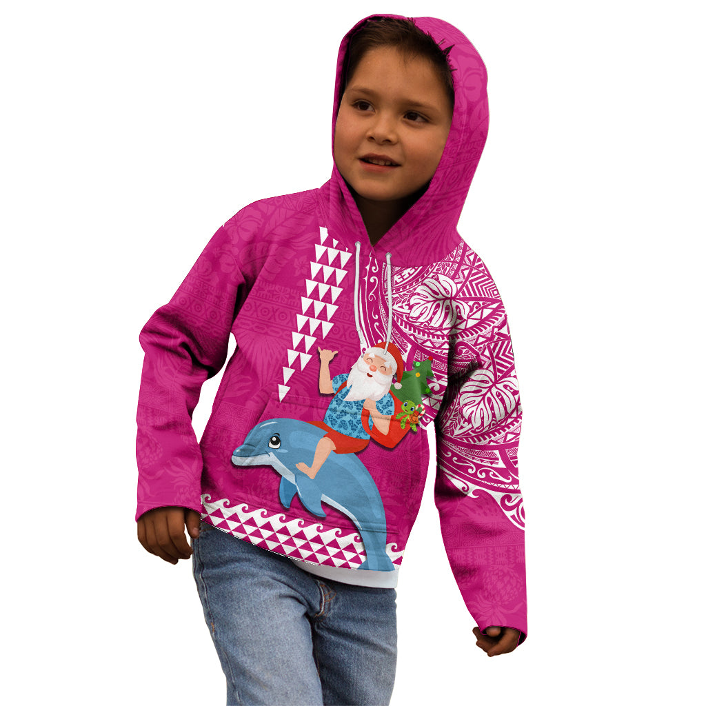 Hawaii Mele Kalikimaka Kid Hoodie Santa Riding The DolPhin Mix Kakau Pattern Pink Style LT03 - Polynesian Pride