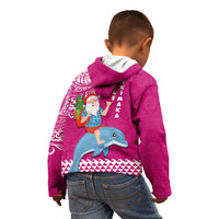 Hawaii Mele Kalikimaka Kid Hoodie Santa Riding The DolPhin Mix Kakau Pattern Pink Style LT03 - Polynesian Pride