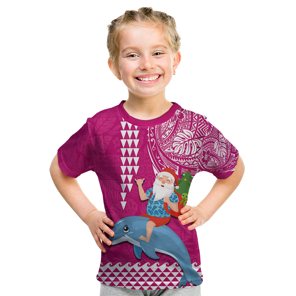 Hawaii Mele Kalikimaka Kid T Shirt Santa Riding The DolPhin Mix Kakau Pattern Pink Style LT03 Pink - Polynesian Pride