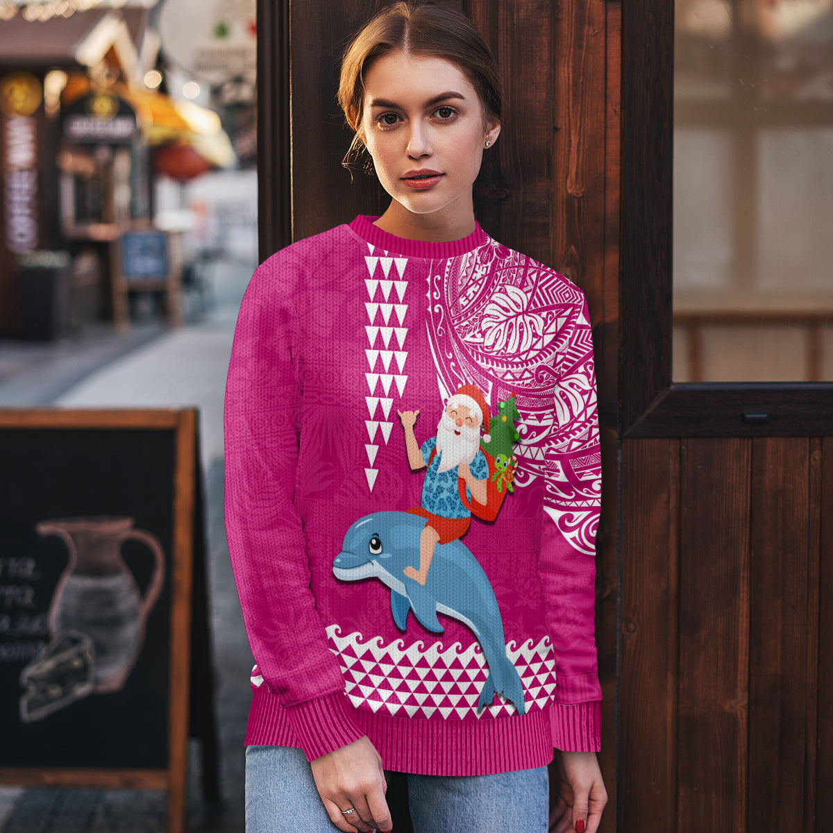 Hawaii Mele Kalikimaka Ugly Christmas Sweater Santa Riding The DolPhin Mix Kakau Pattern Pink Style LT03 - Polynesian Pride
