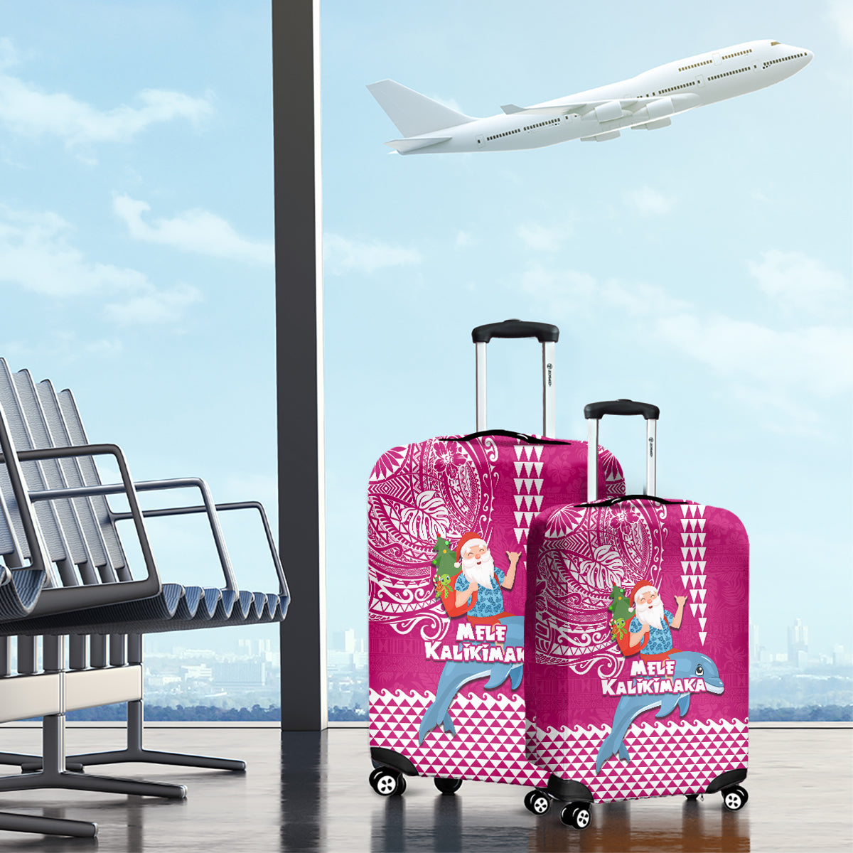Hawaii Mele Kalikimaka Luggage Cover Santa Riding The DolPhin Mix Kakau Pattern Pink Style LT03 - Polynesian Pride