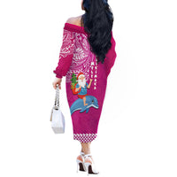 Hawaii Mele Kalikimaka Off The Shoulder Long Sleeve Dress Santa Riding The DolPhin Mix Kakau Pattern Pink Style LT03 - Polynesian Pride