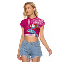 Hawaii Mele Kalikimaka Raglan Cropped T Shirt Santa Riding The DolPhin Mix Kakau Pattern Pink Style LT03 Female Pink - Polynesian Pride