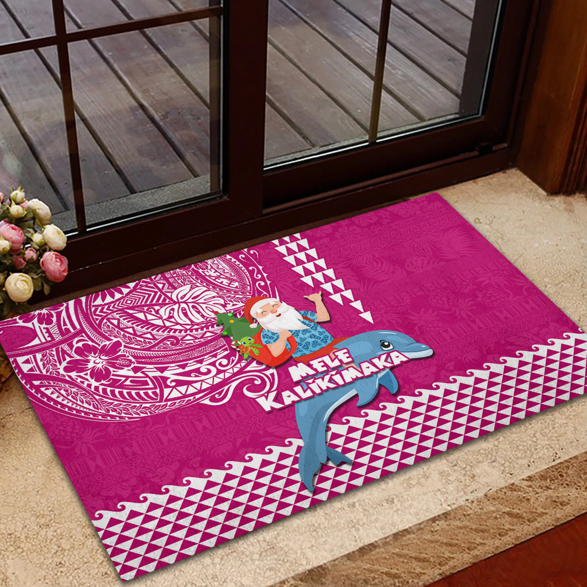 Hawaii Mele Kalikimaka Rubber Doormat Santa Riding The DolPhin Mix Kakau Pattern Pink Style LT03 - Polynesian Pride