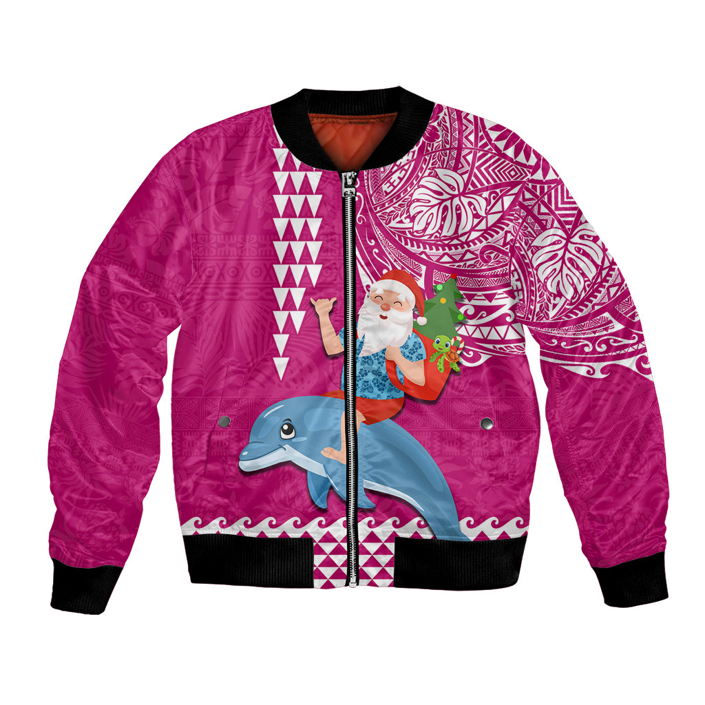 Custom Hawaii Mele Kalikimaka Bomber Jacket Santa Riding The DolPhin Mix Kakau Pattern Pink Style LT03 Unisex Pink - Polynesian Pride