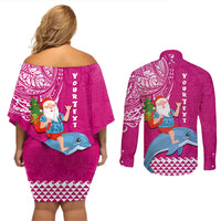Custom Hawaii Mele Kalikimaka Couples Matching Off Shoulder Short Dress and Long Sleeve Button Shirt Santa Riding The DolPhin Mix Kakau Pattern Pink Style LT03 - Polynesian Pride
