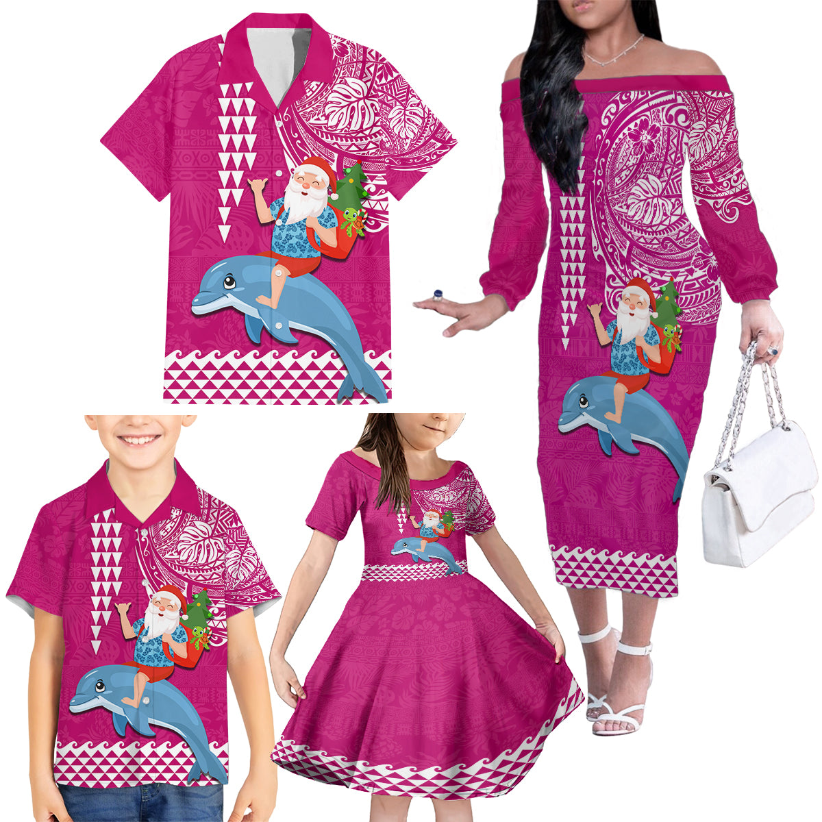 Custom Hawaii Mele Kalikimaka Family Matching Off Shoulder Long Sleeve Dress and Hawaiian Shirt Santa Riding The DolPhin Mix Kakau Pattern Pink Style LT03 - Polynesian Pride