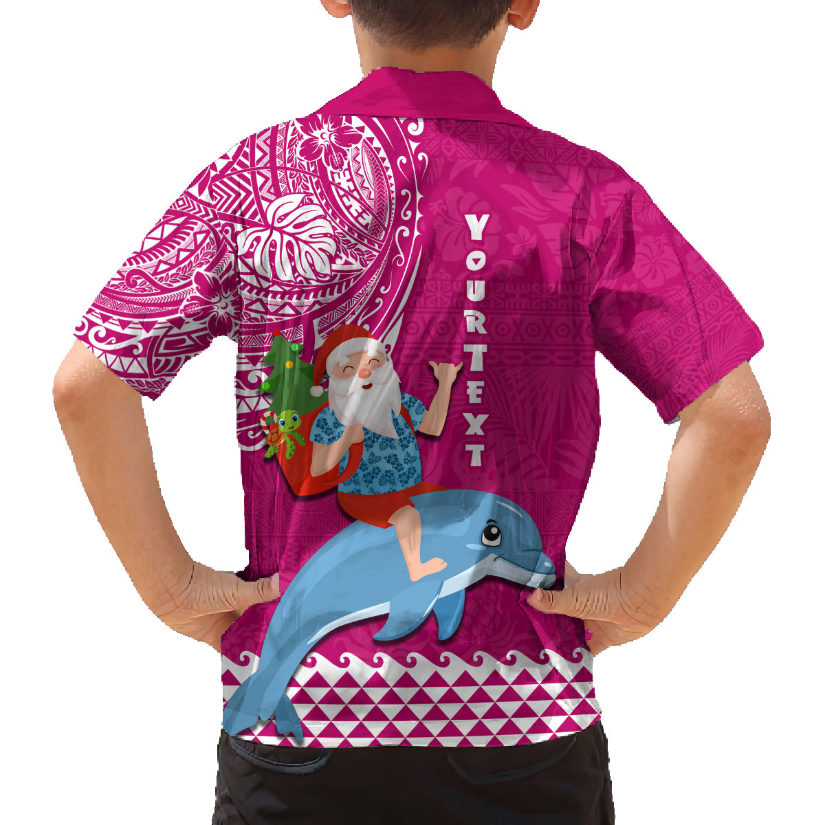 Custom Hawaii Mele Kalikimaka Family Matching Puletasi Dress and Hawaiian Shirt Santa Riding The DolPhin Mix Kakau Pattern Pink Style LT03 - Polynesian Pride