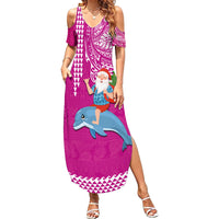 Custom Hawaii Mele Kalikimaka Family Matching Summer Maxi Dress and Hawaiian Shirt Santa Riding The DolPhin Mix Kakau Pattern Pink Style LT03 Mom's Dress Pink - Polynesian Pride
