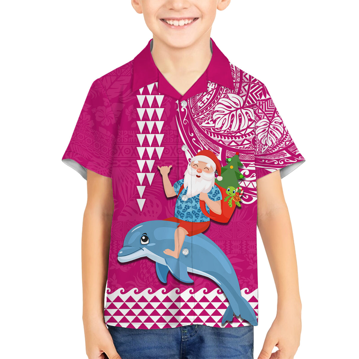 Custom Hawaii Mele Kalikimaka Family Matching Tank Maxi Dress and Hawaiian Shirt Santa Riding The DolPhin Mix Kakau Pattern Pink Style LT03 Son's Shirt Pink - Polynesian Pride