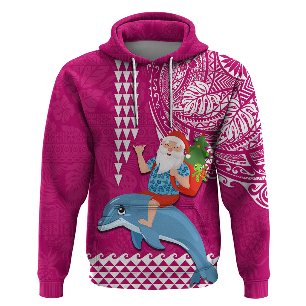 Custom Hawaii Mele Kalikimaka Hoodie Santa Riding The DolPhin Mix Kakau Pattern Pink Style LT03 Pullover Hoodie Pink - Polynesian Pride