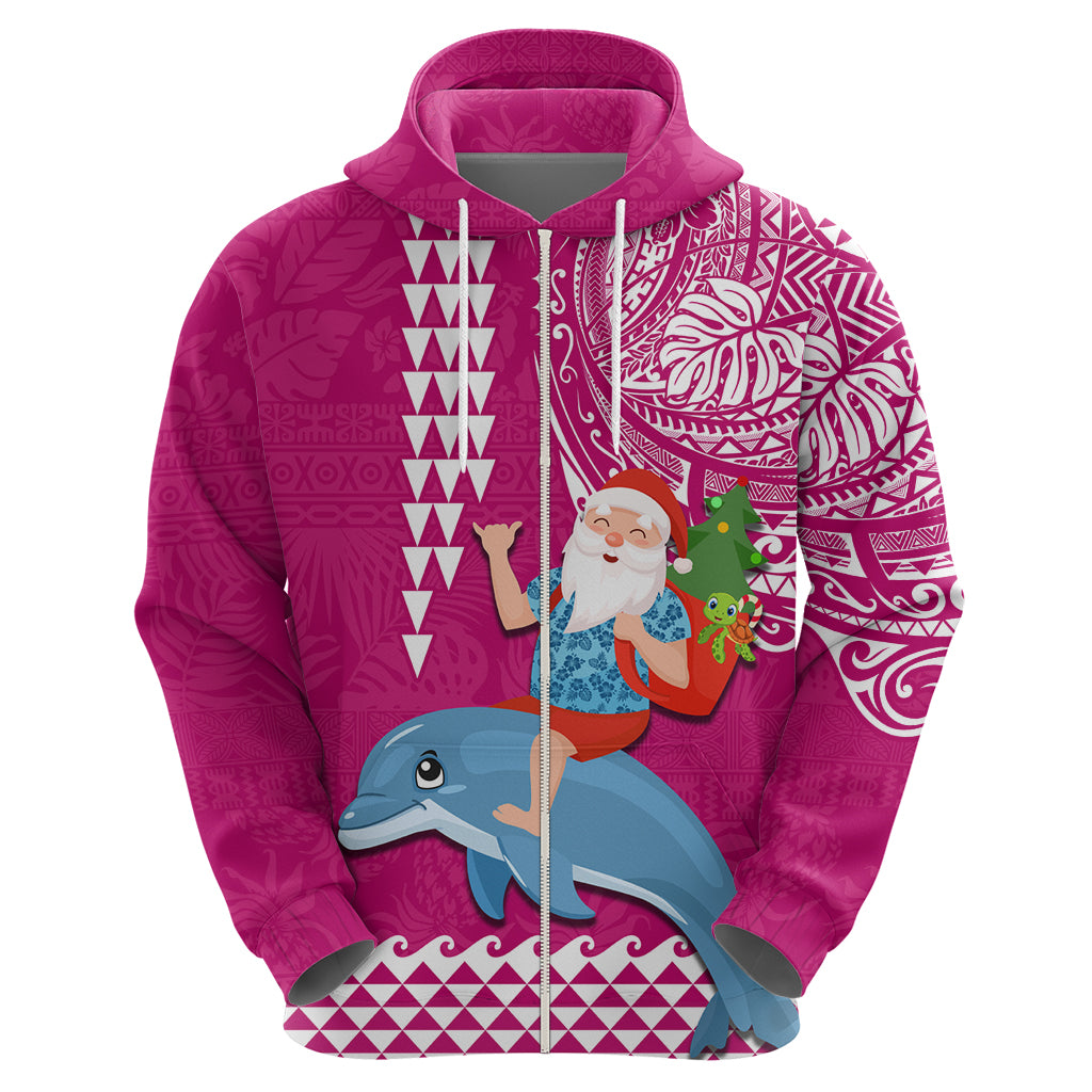 Custom Hawaii Mele Kalikimaka Hoodie Santa Riding The DolPhin Mix Kakau Pattern Pink Style LT03 - Polynesian Pride