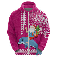 Custom Hawaii Mele Kalikimaka Hoodie Santa Riding The DolPhin Mix Kakau Pattern Pink Style LT03 - Polynesian Pride