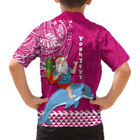 Custom Hawaii Mele Kalikimaka Kid Hawaiian Shirt Santa Riding The DolPhin Mix Kakau Pattern Pink Style LT03 - Polynesian Pride