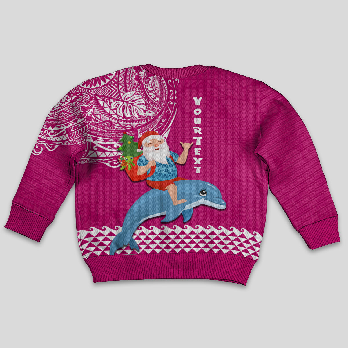 Custom Hawaii Mele Kalikimaka Kid Ugly Christmas Sweater Santa Riding The DolPhin Mix Kakau Pattern Pink Style LT03 - Polynesian Pride