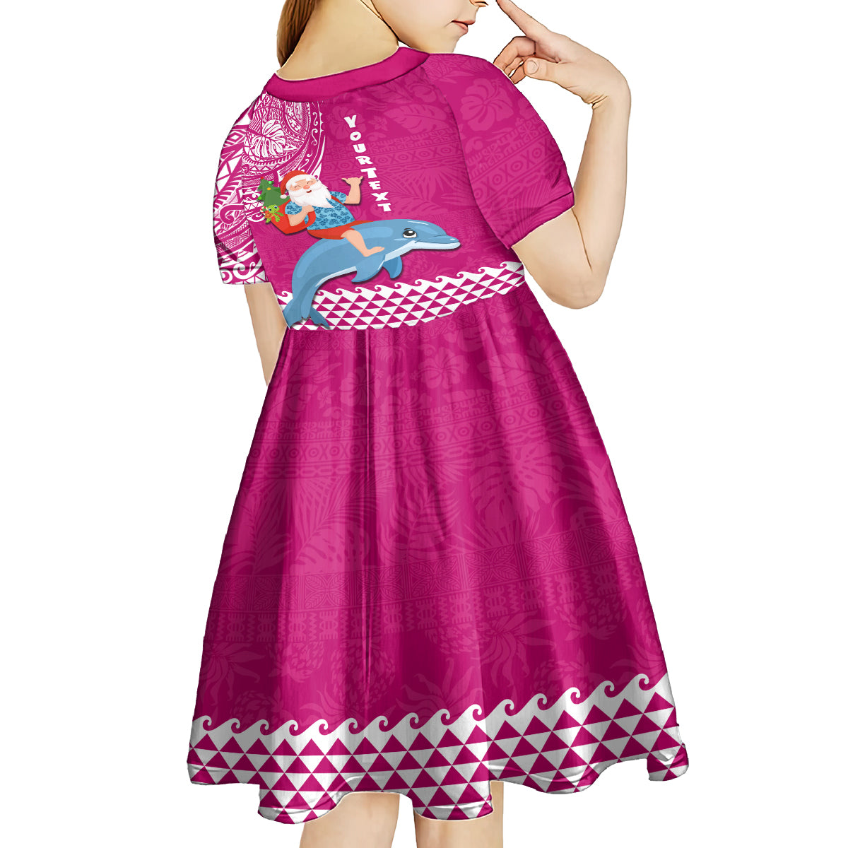 Custom Hawaii Mele Kalikimaka Kid Short Sleeve Dress Santa Riding The DolPhin Mix Kakau Pattern Pink Style LT03 - Polynesian Pride