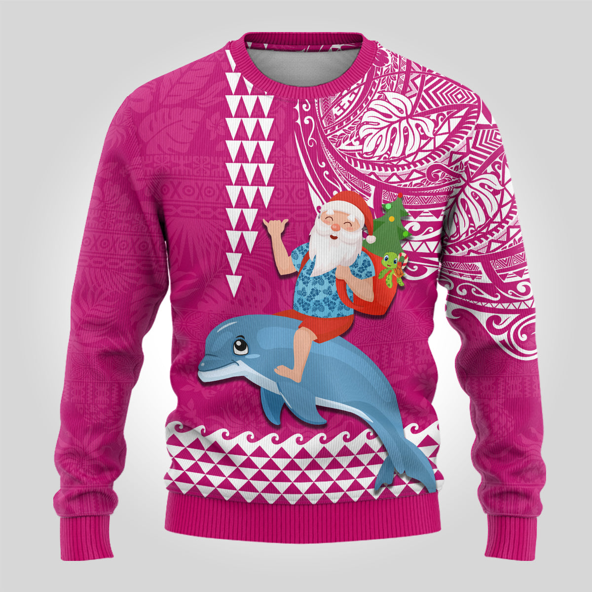 Custom Hawaii Mele Kalikimaka Ugly Christmas Sweater Santa Riding The DolPhin Mix Kakau Pattern Pink Style LT03 - Polynesian Pride