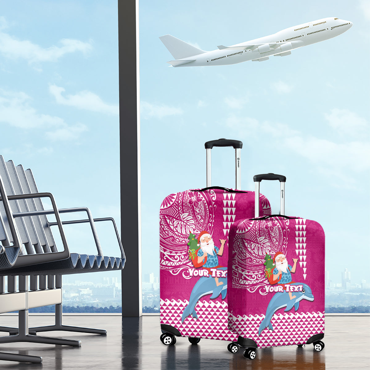 Custom Hawaii Mele Kalikimaka Luggage Cover Santa Riding The DolPhin Mix Kakau Pattern Pink Style LT03 - Polynesian Pride